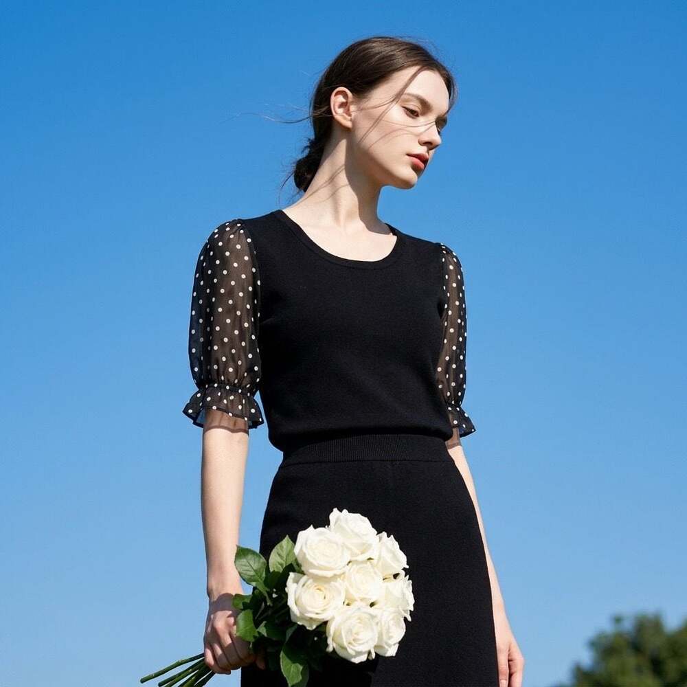 Love Ever After Women's Black Knit Top with Sheer Polka Dot Puff Sleeves #987